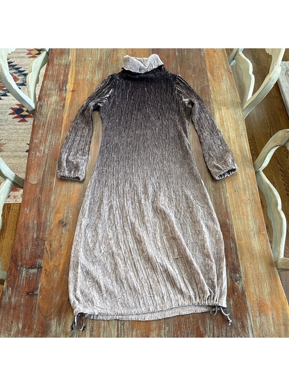 Komarov Crushed Velvet Ruched Midi Long Sleeve Dress Small Brown Gray Ombre